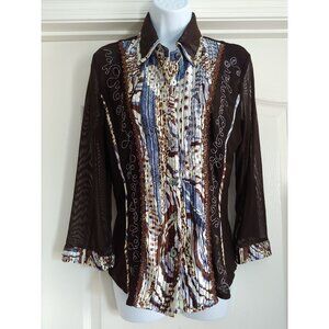 Alberto Makali Womens Artsy  Pleated Sheer Mesh Sleeves Embroidered L Electic